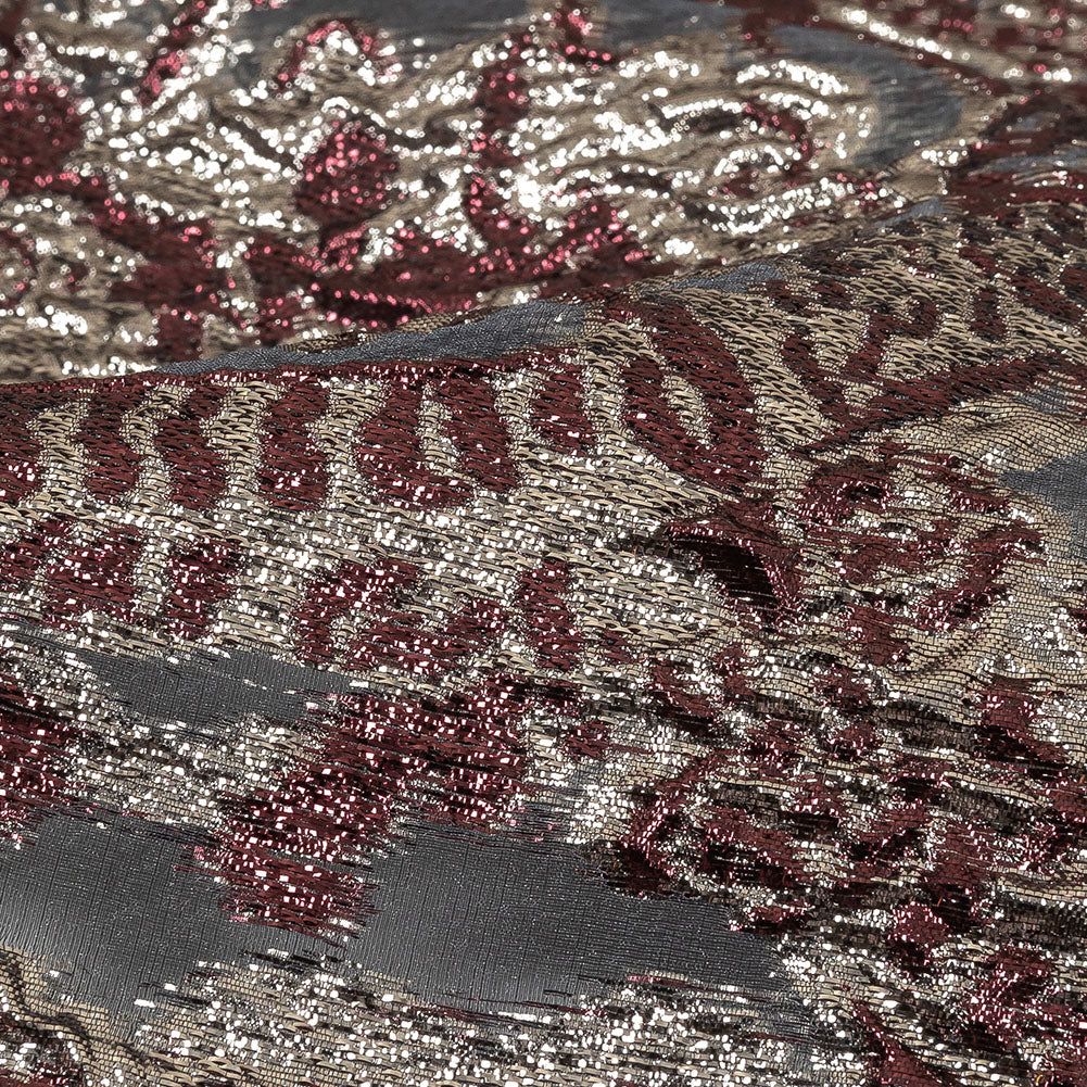 Metallic Silver and Plum Ornate Abstraction Luxury Burnout Organza Brocade Detail