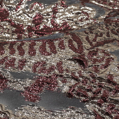 Metallic Silver and Plum Ornate Abstraction Luxury Burnout Organza Brocade Detail