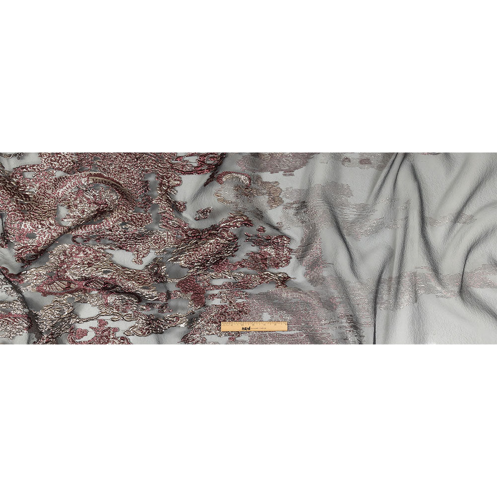 Metallic Silver and Plum Ornate Abstraction Luxury Burnout Organza Brocade Full