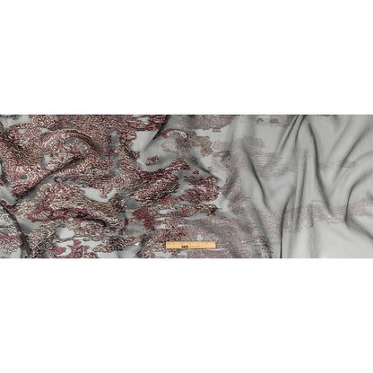 Metallic Silver and Plum Ornate Abstraction Luxury Burnout Organza Brocade Full