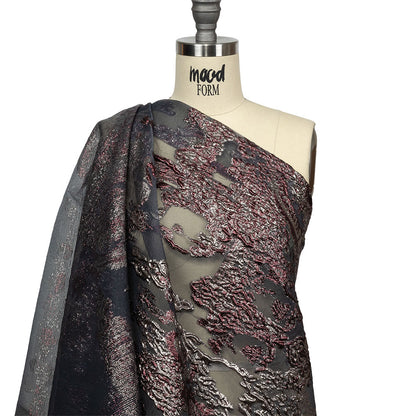 Metallic Silver and Plum Ornate Abstraction Luxury Burnout Organza Brocade Drape
