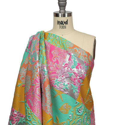 Aqua, Pink and Saffron Patchwork Metallic Luxury Brocade Drape