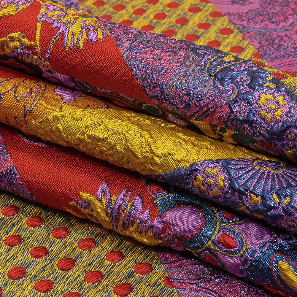 Metallic Red, Royal and Goldenrod Patchwork Diagonal Stripes Luxury Brocade Folded