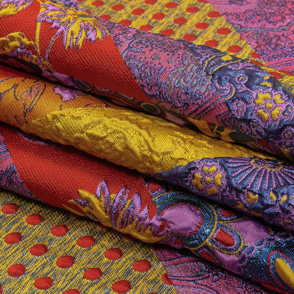 Metallic Red, Royal and Goldenrod Patchwork Diagonal Stripes Luxury Brocade Folded