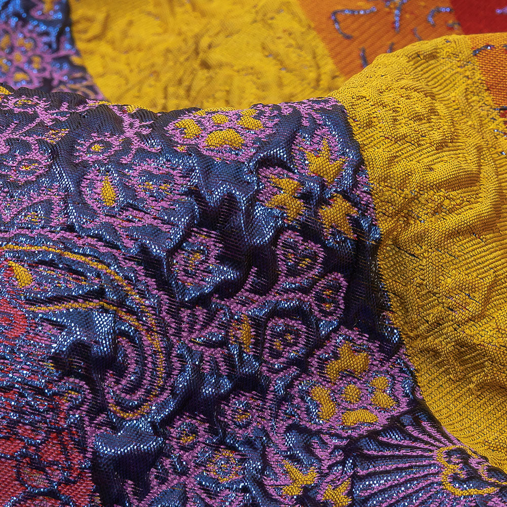 Metallic Red, Royal and Goldenrod Patchwork Diagonal Stripes Luxury Brocade Detail
