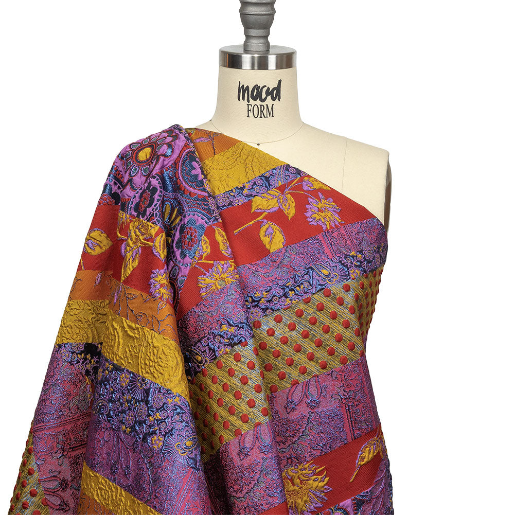 Metallic Red, Royal and Goldenrod Patchwork Diagonal Stripes Luxury Brocade Drape
