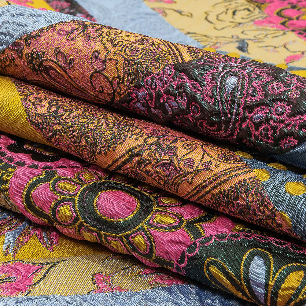Metallic Pink, Yellow and Sky Patchwork Diagonal Stripes Luxury Brocade Folded