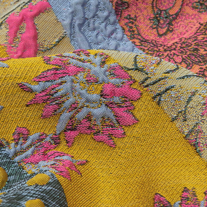 Metallic Pink, Yellow and Sky Patchwork Diagonal Stripes Luxury Brocade Detail