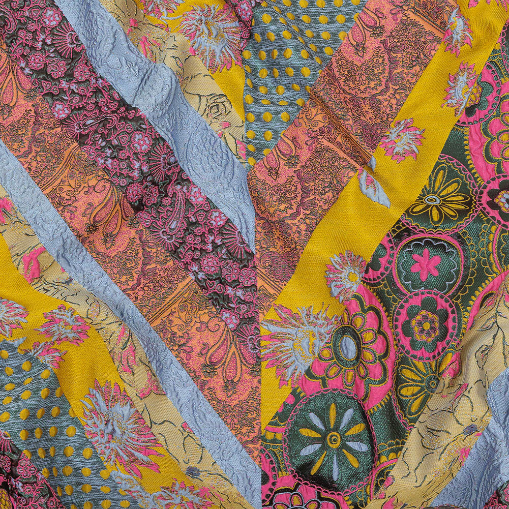 Metallic Pink, Yellow and Sky Patchwork Diagonal Stripes Luxury Brocade