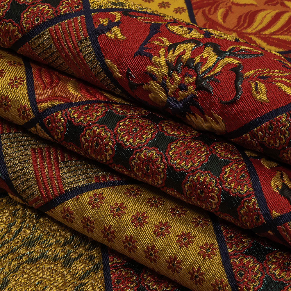 Red, Saffron and Metallic Navy Patchwork Squares Luxury Brocade Folded