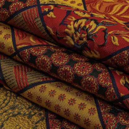 Red, Saffron and Metallic Navy Patchwork Squares Luxury Brocade Folded