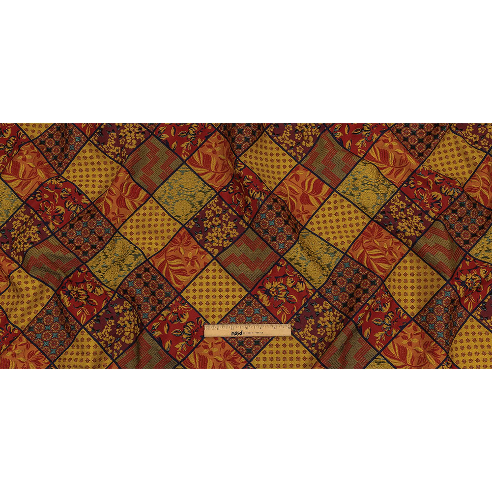 Red, Saffron and Metallic Navy Patchwork Squares Luxury Brocade Full
