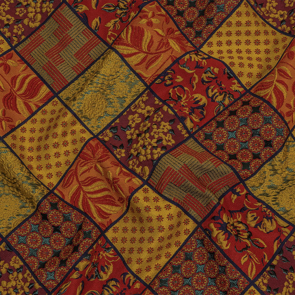 Red, Saffron and Metallic Navy Patchwork Squares Luxury Brocade
