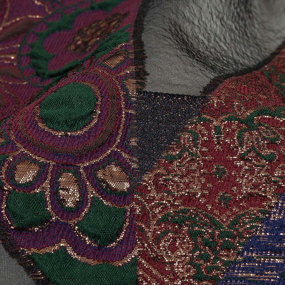 Metallic Royal, Evergreen and Red Patchwork Chevrons Luxury Organza Brocade Detail