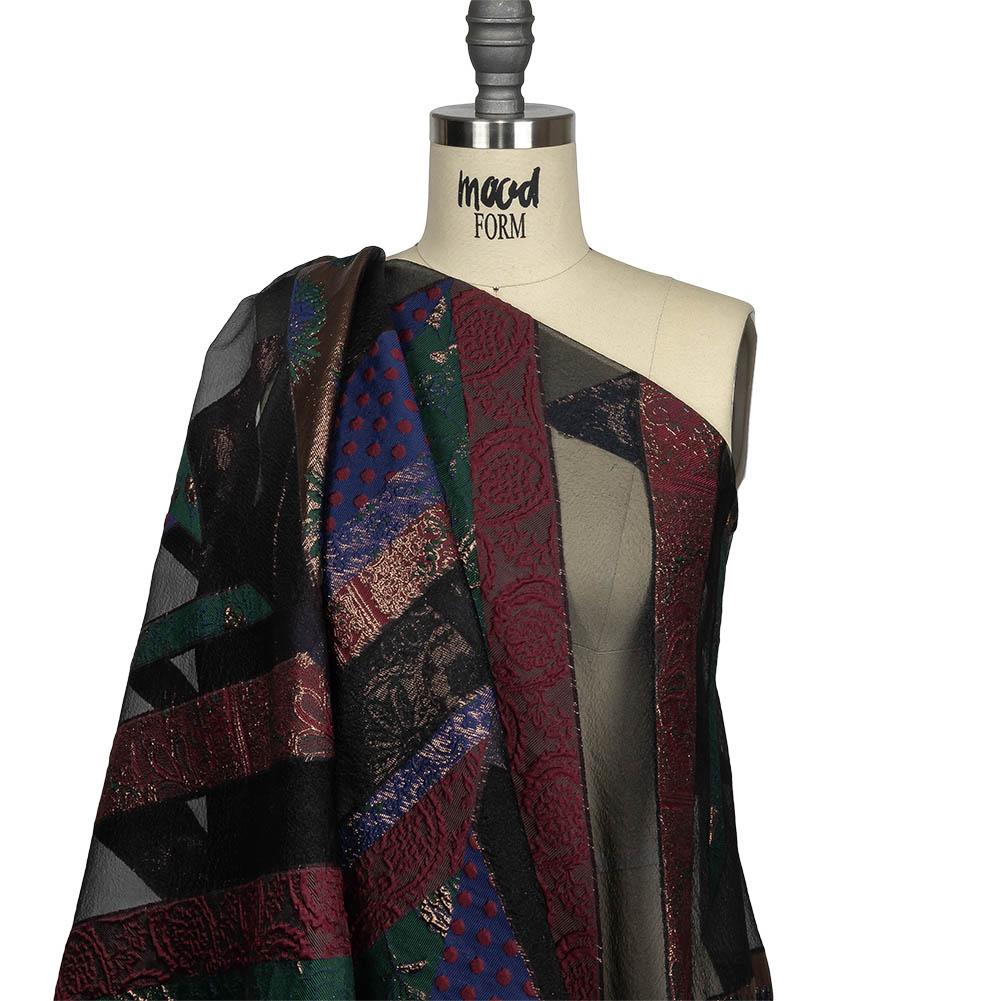 Metallic Royal, Evergreen and Red Patchwork Chevrons Luxury Organza Brocade Drape