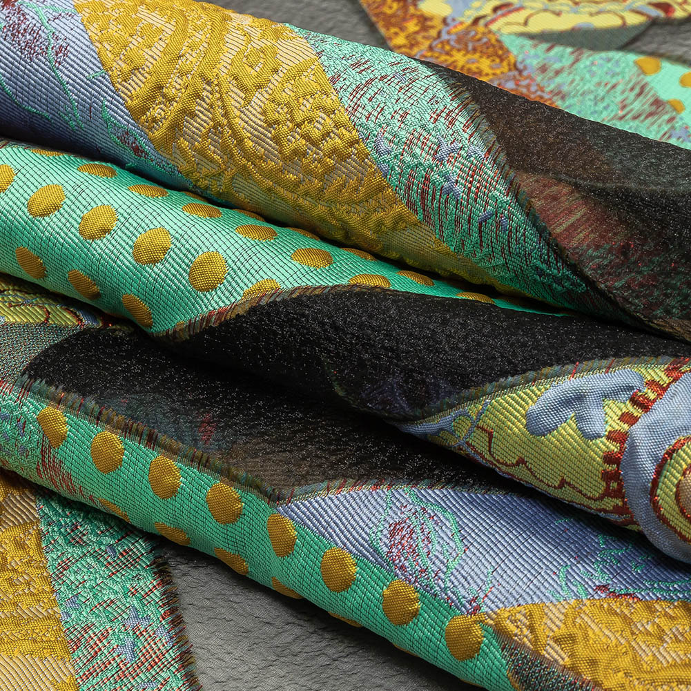 Metallic Seafoam, Mustard, and Ruby Patchwork Chevrons Luxury Organza Brocade Folded