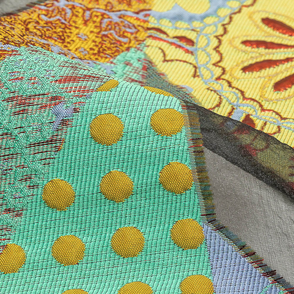 Metallic Seafoam, Mustard, and Ruby Patchwork Chevrons Luxury Organza Brocade Detail
