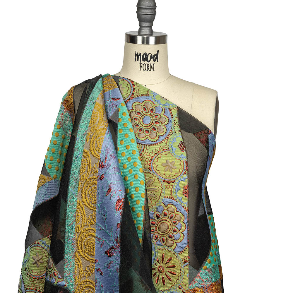 Metallic Seafoam, Mustard, and Ruby Patchwork Chevrons Luxury Organza Brocade Drape