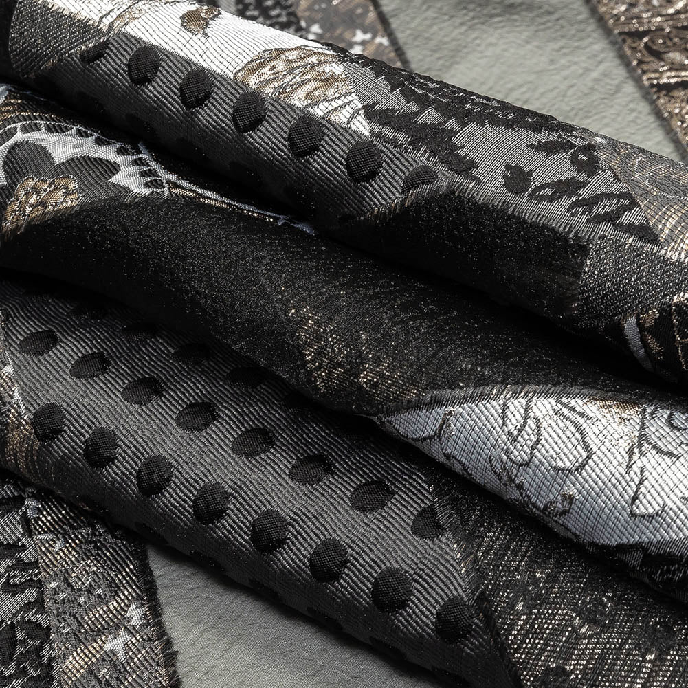 Metallic Silver, Black and Gray Patchwork Chevrons Luxury Organza Brocade Folded