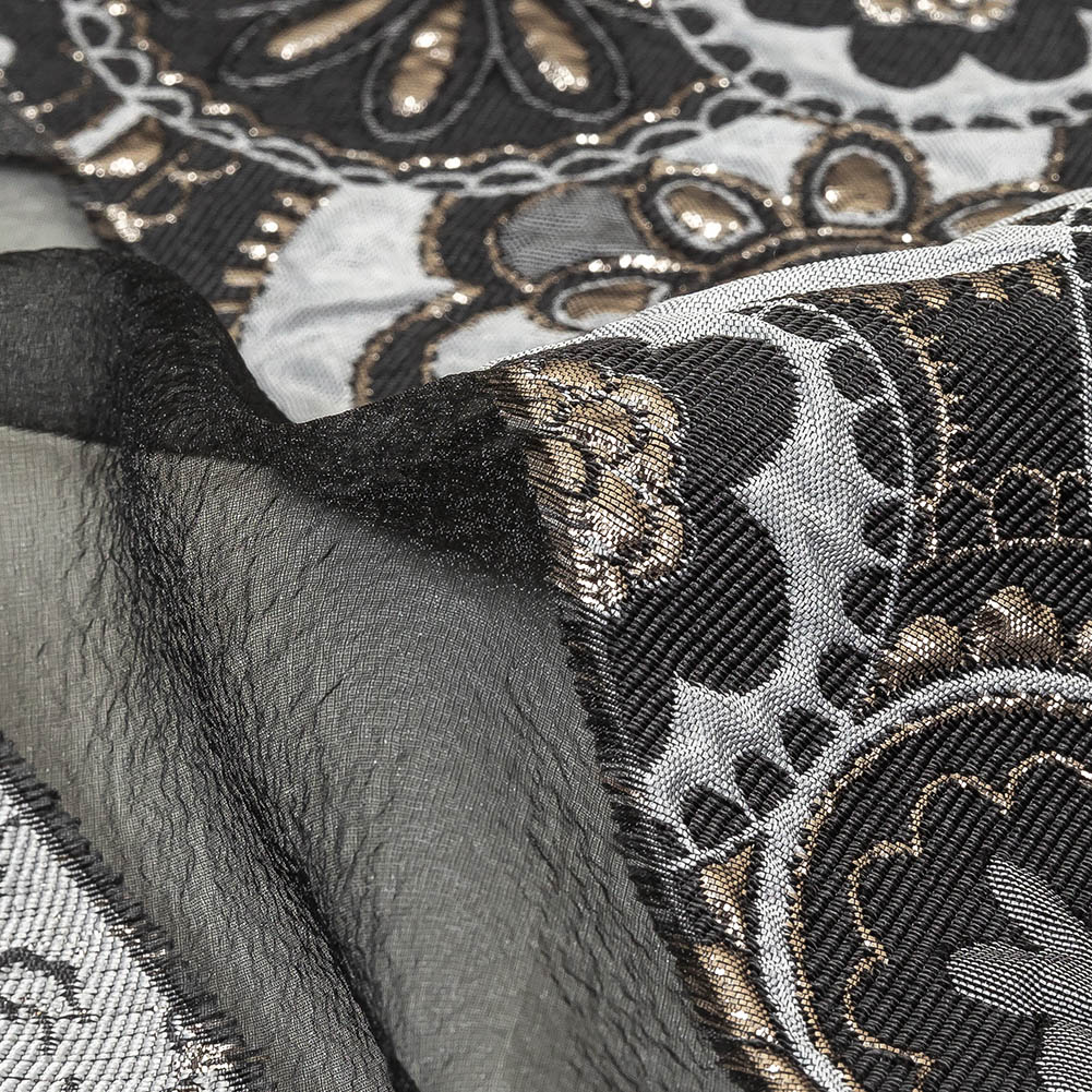 Metallic Silver, Black and Gray Patchwork Chevrons Luxury Organza Brocade Detail