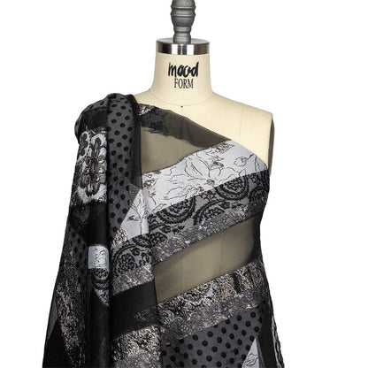 Metallic Silver, Black and Gray Patchwork Chevrons Luxury Organza Brocade Drape