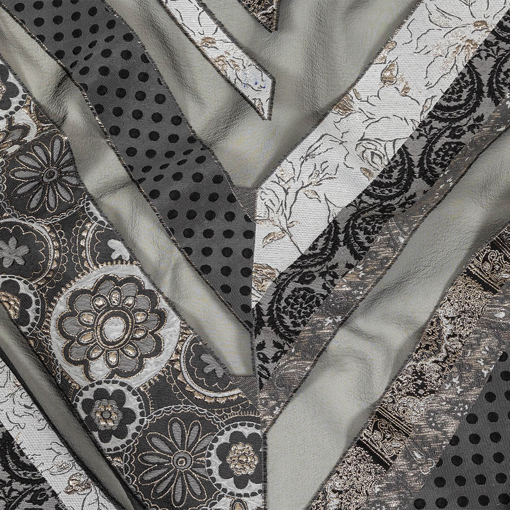 Metallic Silver, Black and Gray Patchwork Chevrons Luxury Organza Brocade