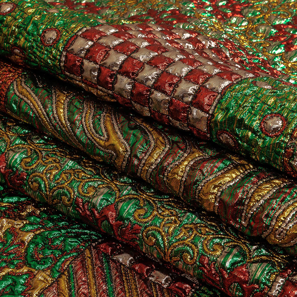 Metallic Red, Green and Yellow Gold Ornate Patchwork Luxury Brocade Folded