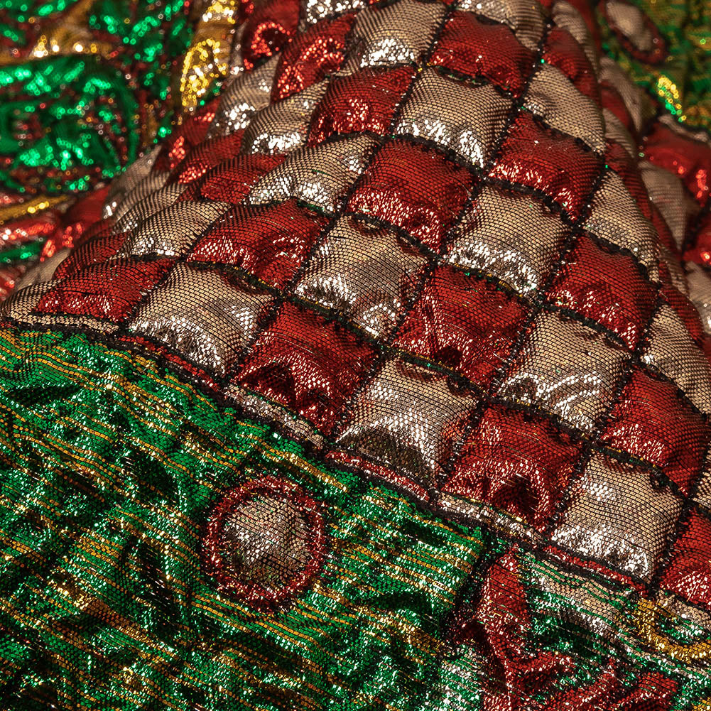 Metallic Red, Green and Yellow Gold Ornate Patchwork Luxury Brocade Detail