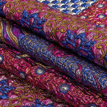 Metallic Blue, Pink and Yellow Gold Ornate Patchwork Luxury Brocade Folded