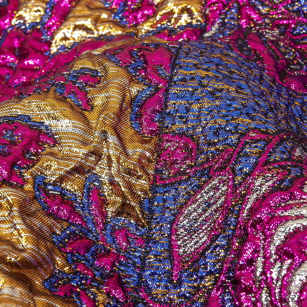 Metallic Blue, Pink and Yellow Gold Ornate Patchwork Luxury Brocade Detail
