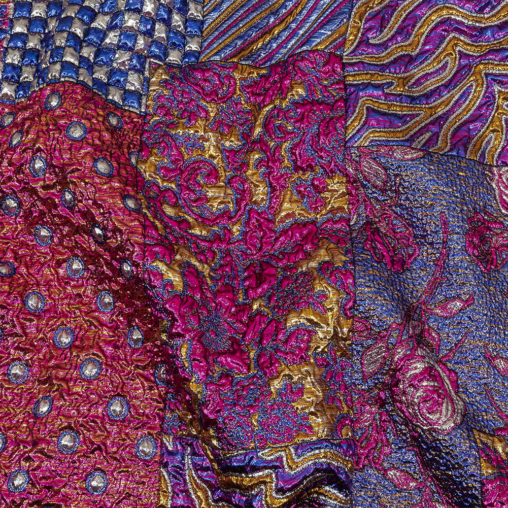 Metallic Blue, Pink and Yellow Gold Ornate Patchwork Luxury Brocade