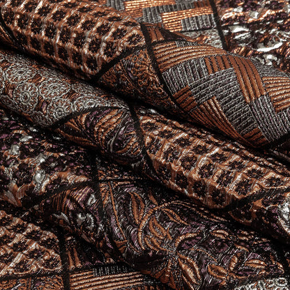 Metallic Silver, Copper and Maroon Patchwork Squares Luxury Brocade Folded