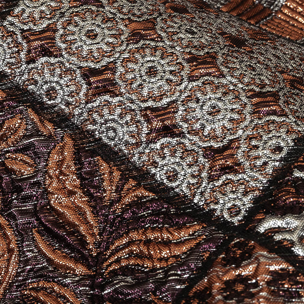Metallic Silver, Copper and Maroon Patchwork Squares Luxury Brocade Detail