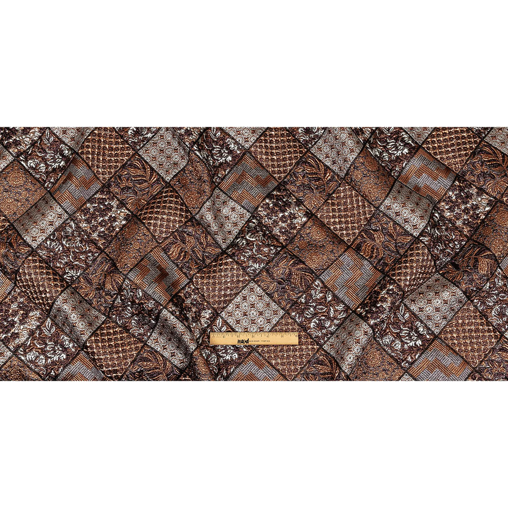 Metallic Silver, Copper and Maroon Patchwork Squares Luxury Brocade Full