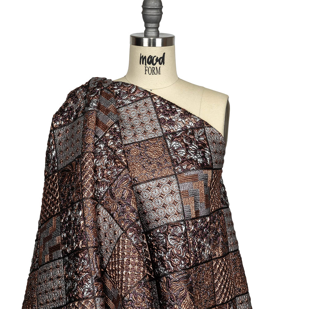 Metallic Silver, Copper and Maroon Patchwork Squares Luxury Brocade Drape