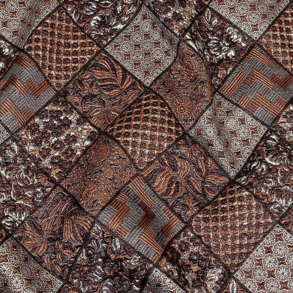 Metallic Silver, Copper and Maroon Patchwork Squares Luxury Brocade