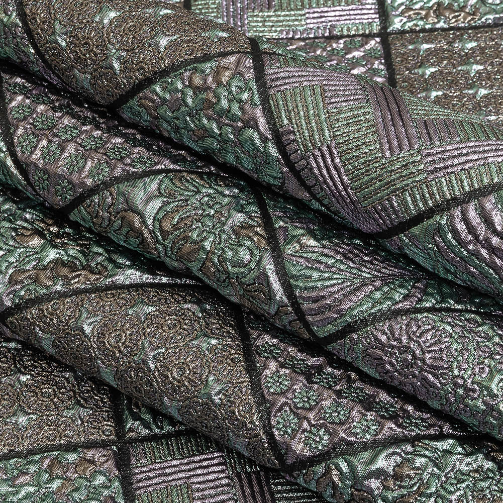 Metallic Baby Blue, Rose Gold and Lilac Patchwork Squares Luxury Brocade Folded