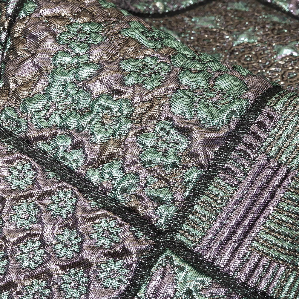 Metallic Baby Blue, Rose Gold and Lilac Patchwork Squares Luxury Brocade Detail