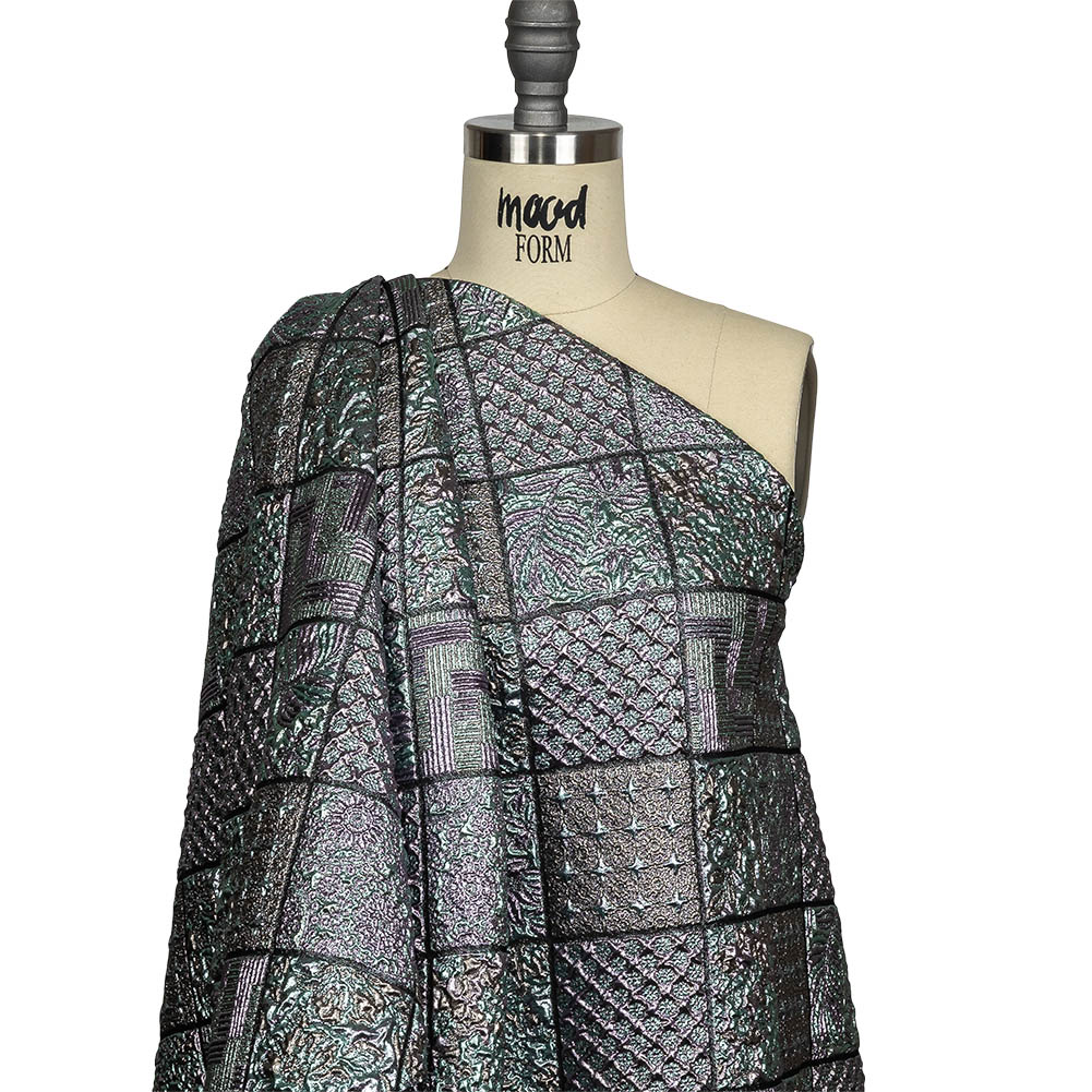 Metallic Baby Blue, Rose Gold and Lilac Patchwork Squares Luxury Brocade Drape