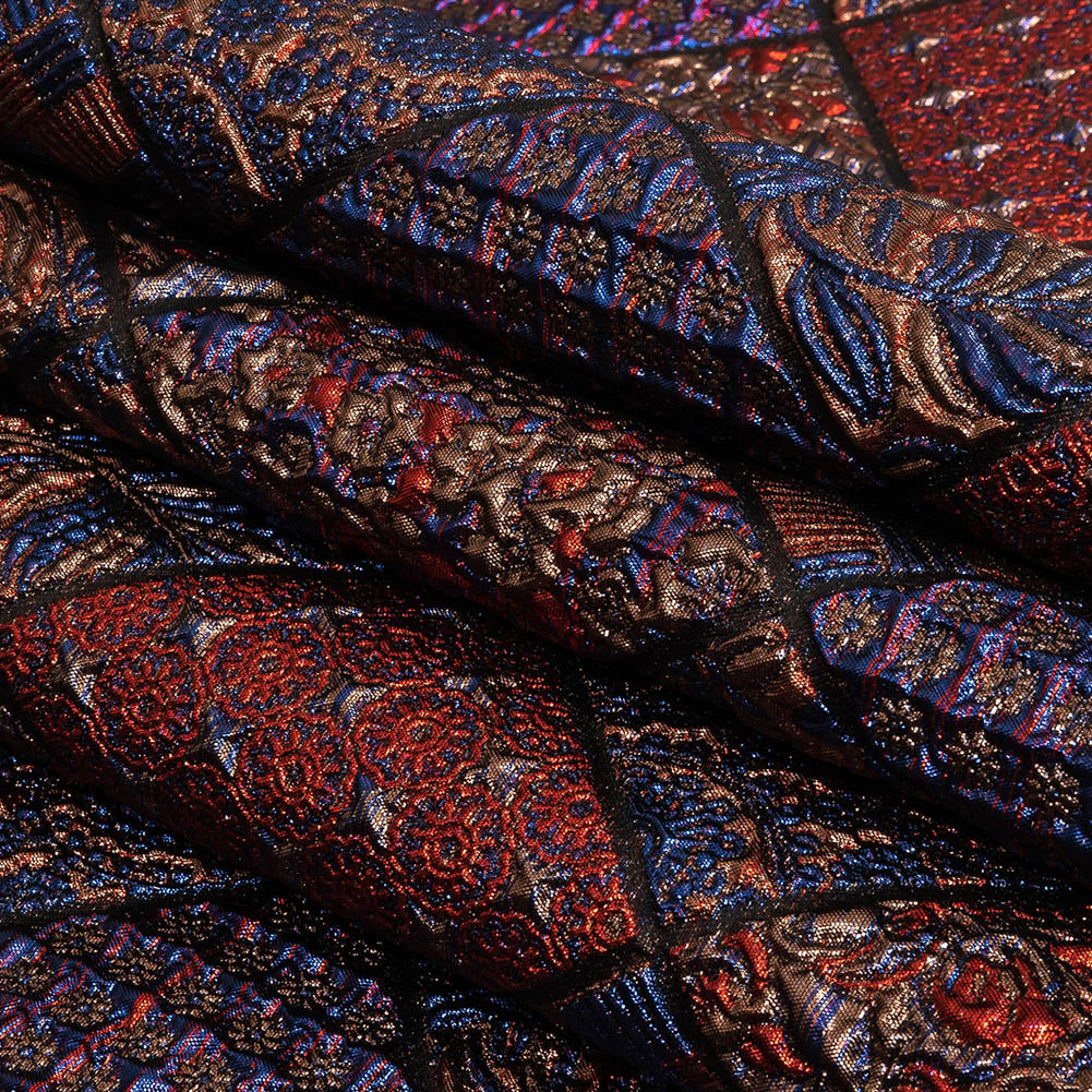 Metallic Royal Blue, Ruby and Bronze Patchwork Squares Luxury Brocade Folded