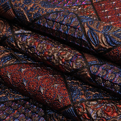 Metallic Royal Blue, Ruby and Bronze Patchwork Squares Luxury Brocade Folded