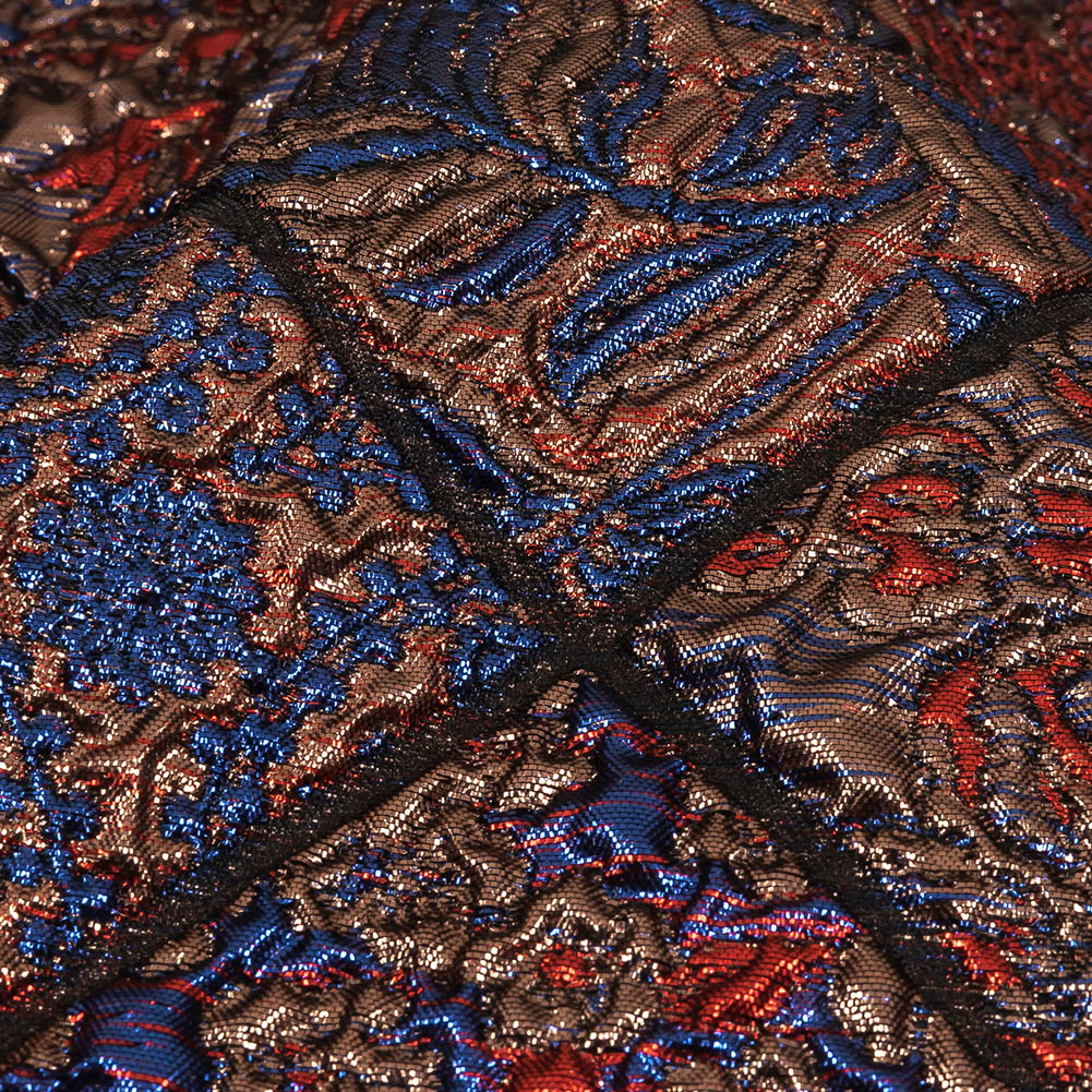 Metallic Royal Blue, Ruby and Bronze Patchwork Squares Luxury Brocade Detail
