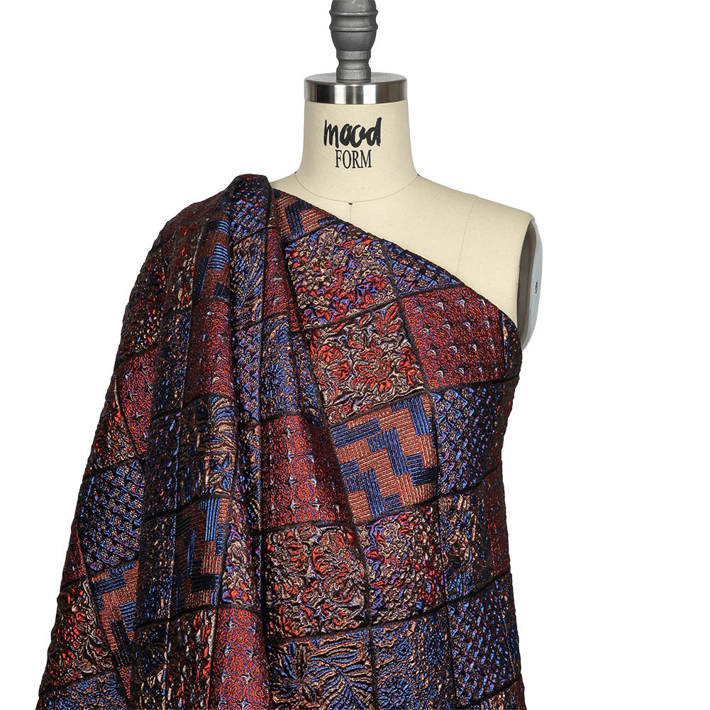 Metallic Royal Blue, Ruby and Bronze Patchwork Squares Luxury Brocade Drape