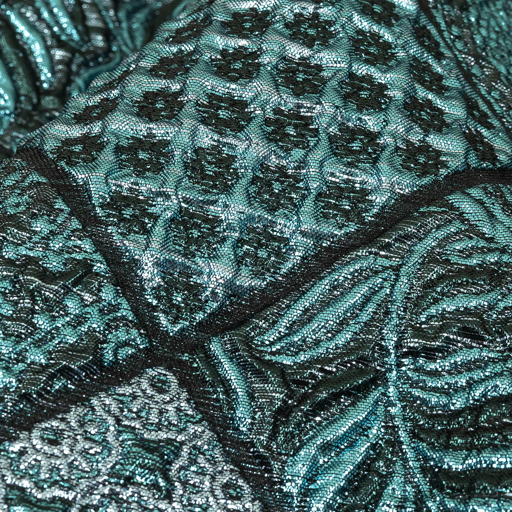 Metallic Turquoise, Powder Blue and Evergreen Patchwork Squares Luxury Brocade Detail