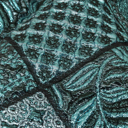 Metallic Turquoise, Powder Blue and Evergreen Patchwork Squares Luxury Brocade Detail