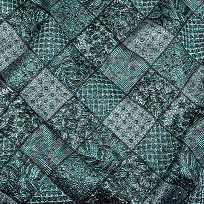 Metallic Turquoise, Powder Blue and Evergreen Patchwork Squares Luxury Brocade