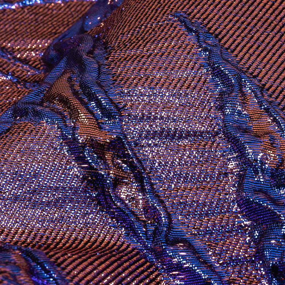 Metallic Iridescent Rose Gold and Bright Blue Floral Luxury Brocade Detail
