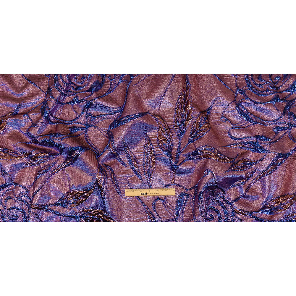Metallic Iridescent Rose Gold and Bright Blue Floral Luxury Brocade Full