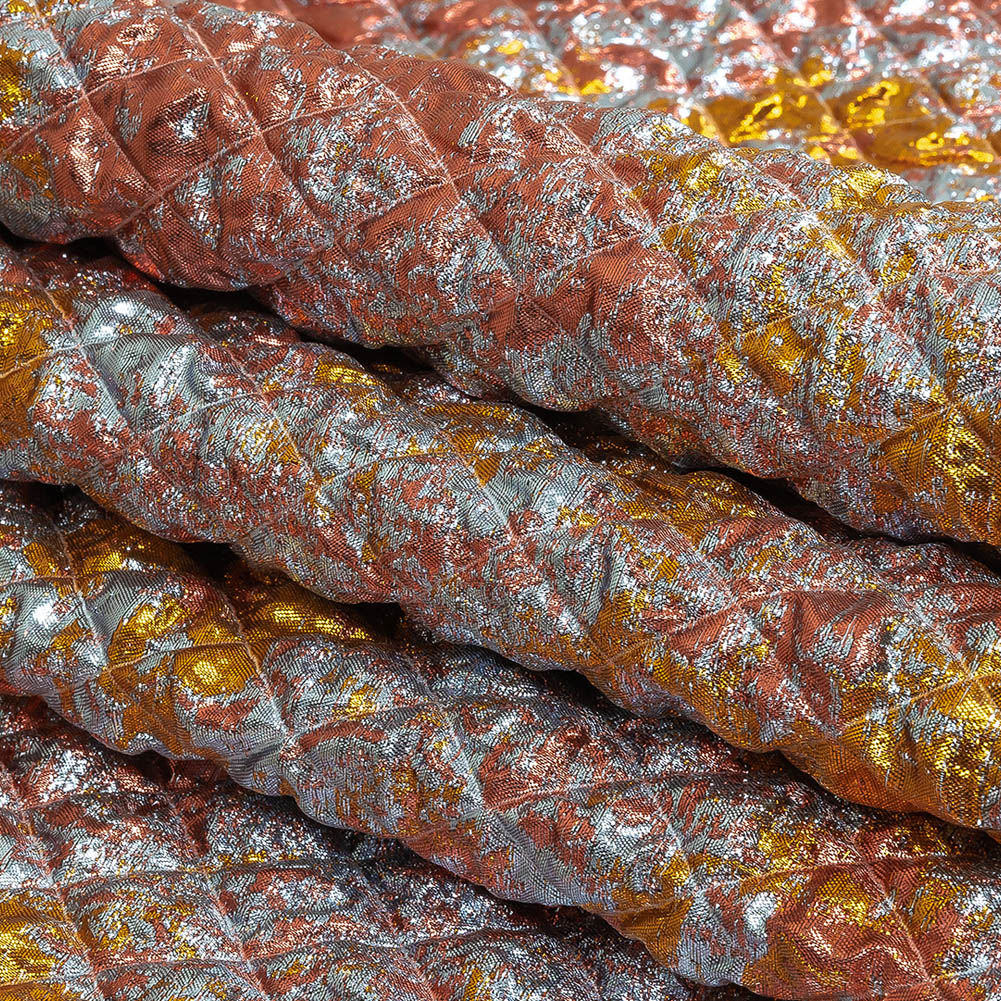 Metallic Coral, Gold and Baby Blue Diamond Quilted Luxury Brocade Folded