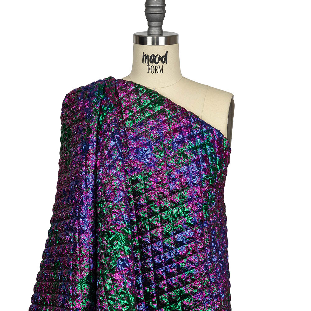 Metallic Green, Blue and Fuchsia Diamond Quilted Luxury Brocade Drape